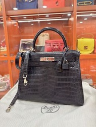 Hermes Kelly 28 黑銀 霧面 兩點 鱷魚皮 T Stamp / PHW 95% NEW