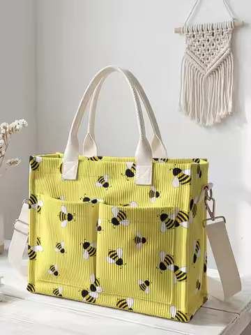 Yellow Bumblebee Print Corduroy Tote Bag Large Capacity Multi Pocket Bee Lover Commuter Shoulder Bag