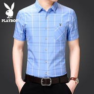 เสื้อเชิ้ตทางการมีกระเป๋าของผู้ชายเสื้อเชิ้ตลายสก็อตบางๆแขนสั้นแนวธุรกิจฤดูร้อน