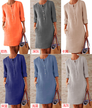 Womens Amazon Round Neck Breathable Long Sleeve Dress Street-style Crepe de Chine Material with Pock