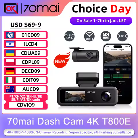 70mai T800E 3-Channel Dash Camera 2160P Dual 4K Triple View HDR Supercapacitor GPS WiFi 6 70mai t800