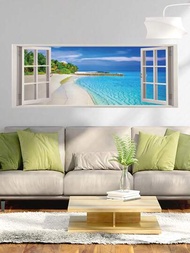 1入組沙灘海景假窗紙膠貼紋綠色棕櫚樹海洋和天空自然風景牆貼紙,易撕除的假窗大壁畫,客廳風景牆裝飾 15.4" X 39.4"
