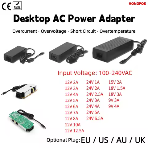 CE 9V 12V 15V 18V 24V power adapter output current 1A-12.5A plug EU US AU UK input 100-240VAC for LE