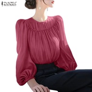 ZANZEA Women's Elegant Korean Style Crew Neck Lantern Sleeve Pleated Blouse