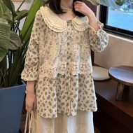 Sweet Style Floral Print Three-Layer Ruffle Collar Loose Fit Lace Trim Linen Shirt Spring Summer Wom