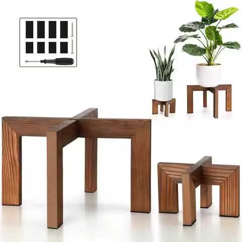 2 Pcs Wood Plant Stands Indoor Mid Century Modern Holders for Plants Wooden Flower Stands, Boho Rust
