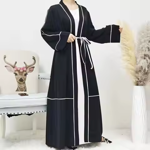 Arabian Dubai Color Blo Striped Open Cardigan Long Skirt Women's Travel Robe plus Size A-Line PVC Sp