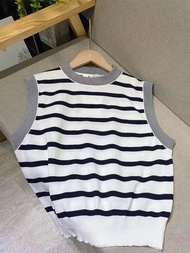Muse Chen Agu 2025 Womens Summer Slim Fit Loose Knitted Top Sleeveless Striped Vest Korean Style rou