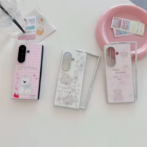Cute Kawaii Cartoon Puppy Bunny Bear Phone Case For Samsung Galaxy Z Fold 7 6 5 Pastel Plaid Floral 