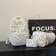 3pcs Nylon Bow Print Backpack Set, Foldable Multi-Po Cket Large CapacityWater-Resistant Zipper Backp