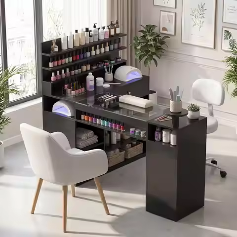 Nail Desk for Nail Tech 60 inch L-Shaped Manicure Table Nail Station with Glass Table Top Black Nail