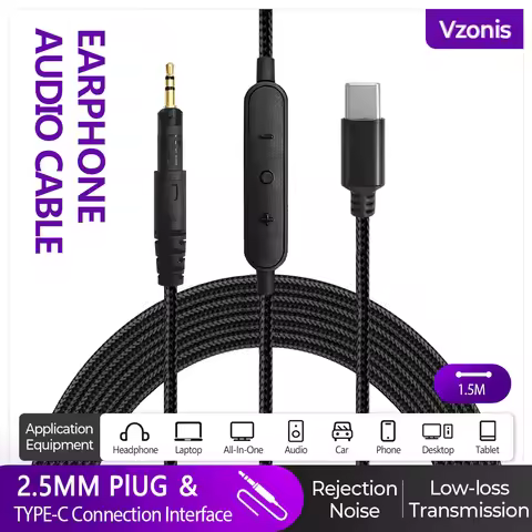 USB Type C to 2.5 mm Replacement Braided Headphone Cable Cord with MIc for Audio-Technica ATH-M70X A