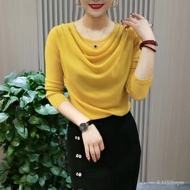 Heap Collar Long Sleeves Mesh Stretch T-Shirt For Women Winter New Mother'S Western Style Fashion Ve