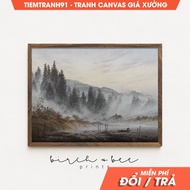 Vintage Foggy Mountain Painting Foggy Forest Rustic Cabin Decor 145 wall Painting, comes with pictur