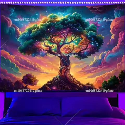 Blacklight Tree Of Life Tapestry Galaxy Space Tapestries UV Reactive Glowing Luminous Tapestrys Aest