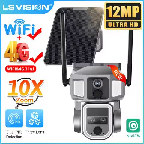 LS VISION 6K 4G SIM&WIFI Solar Camera Outdoor Dual Screen 12MP Multi-lens PTZ Camera 10X Zoom PIR De