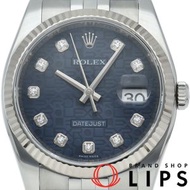 二手勞力士 Datejust 36 男士腕錶，鑲嵌 10 顆鑽石，電腦顯示錶盤，已翻新，Datejust 男士腕錶 116234G(M)，18K 白金/精鋼材質，藍色錶盤，已翻新拋光，2008 年，品