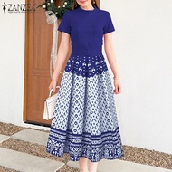 ZANZEA ชุดเดรสแขนแร็กแลนพิมพ์ลายเสื้อยืดคอกลมสำหรับผู้หญิง #0526