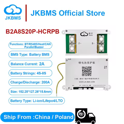 JIKONG Smart BMS JK-B2A8S20P-HCRPB Active Balance 8S 20S 100-300A With RS485 HEAT CAN Parallel Buzze