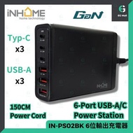 全新行貨 iNHOME - IN-PS02BK 黑色 6 連接埠 120W 防火 ABS 氮化鎵 USB Type-C 手機 平板 電腦筆記型 電腦充電器 3USB+3PD