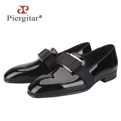 Piergitar 2025 Handcrafted Men Patent Leather Loafers For Wedding Luxurious Metal Buckle Bow Design 