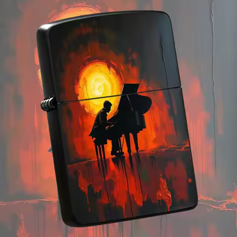 Artistic Piano Player Print Lighter With Fiery Swirl Background Creative Melody Themed Portable Igni