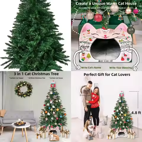 4.8ft Unlit PVC Spruce Christmas Tree with Cartoon Base and Topper, Perfect Gift for Cat Enthusiasts