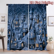 2D flat printing 2pcs curtain Christmas Snowy Village(2) Digitally printed, durable Holiday Decorati