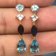 ต่างหูพลอยแท้ สวิสบลูโทปาส 6 x 9 mm. และ ไพลิน เพทาย เงินแท้ 925 ชุบทอง 18k