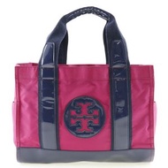 二手 Tory Burch 粉紅/海軍藍尼龍托特包。 A4 尺寸，可打開。女款。