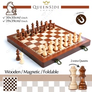 QueenSide Magnetic Wooden Chess Set with Folding Chess Board &amp; Staunton Chess Pieces, 2 Extra Queens, Portable