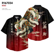 Chinese Spring Festival new year Xingshi Lion Dance printed short sleeved shirt casual top for men a