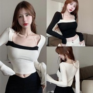 French Style T-shirt Women Long Sleeve Halter Neck Square Neck Slim Knitted Top