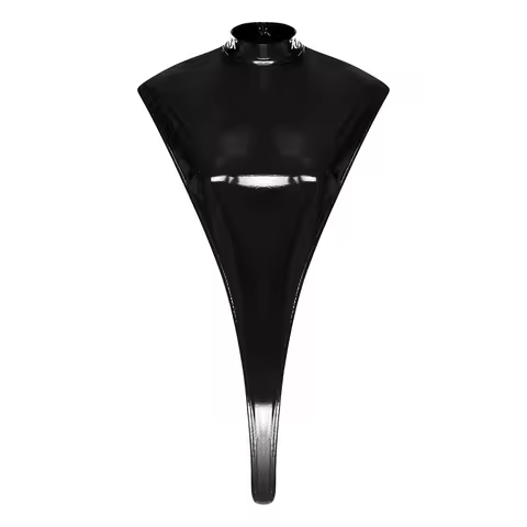 Womens Lingerie PU Leather Latex Bodysuit Mock Neck Glossy High-cutting Leotard Jumpsuit Lingerie On