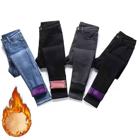 Women Thermal Skinny Jeans Mom Winter Warm Plush Stretch Jeans Lady Fleece Snow Denim Pants Student 