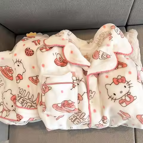 New Sanrio Hello Kitty Plush Flannel Pajama Set Japanese Style Students Cute Kitty Warm Loungewear S