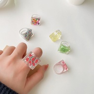 Unique large square plastic ring with summer flowers and fruits NHAN98