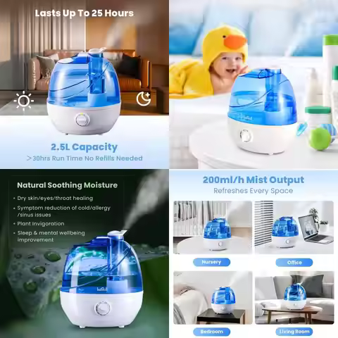 Whisper-Quiet 2.5L Ultrasonic Humidifier with 360° Nozzle for Bedrooms, Nurseries, Offices, and Plan