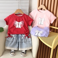 New Summer Children Casual Lace Bow Suit Kids Girl's O-neck T Shirt Denim Mid Pants 2Pcs/set Baby In