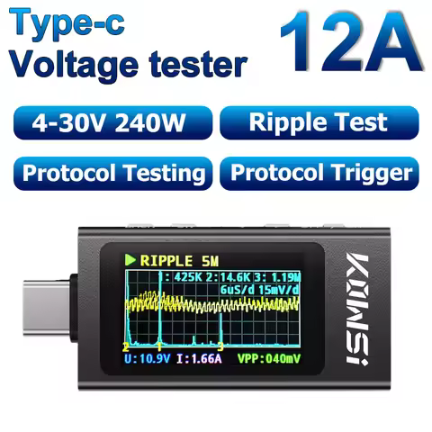 Type-C Current and Voltage Monitor DC 3.3-36V 0-12A Power Meter Tester PD Battery Capacity Meter Dig