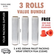 Shrink Wrap x03 Rolls (FREE Hand Dispenser 01 Pair) Pallet Packaging Clear Plastic Stretch Film 2.4 kg /500mm Width