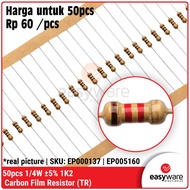 50pcs Resistor 1.2K Ohm 1/4W 5% Carbon Resistor 1K2 0.25W 0.25 Watt Resistor 5%