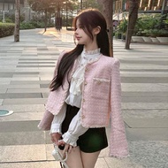 S-XL Women Blazer Jacket Tweed Short Buttons Slim Loose Spring Autumn Fashion Casual Elegant Business Formal Office Work Suit Outerwear White Black Pink