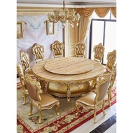 歐式餐桌椅組合大理石餐桌帶電動轉盤全實木飯桌家用香檳金色圓桌