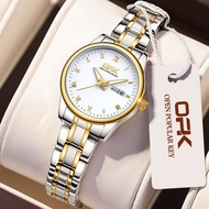 HOT ； OPK 8121 นาฬิกาข้อมือผู้หญิง นาฬิกาแฟชั่นสตรี แท้ กันน้ำ วันที่ ส่องสว่าง สายสแตนเลส รูปร่างเคสกลม ราคาถูก สีขาว สีดำ ทอง