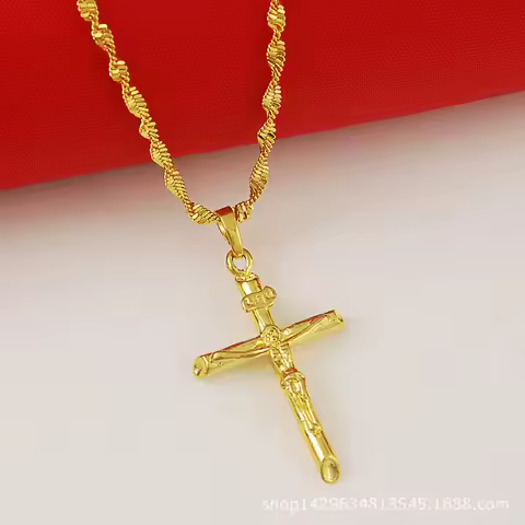 Unisex 24K Gold (AU999) Cross Necklace | Solid gold 3D cross, chiseled holy patterns on matte gold