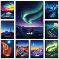 World Famous Cities Night Canvas Print Japan Canada Italy Travel Poster Cartoon City Skyline Paintin