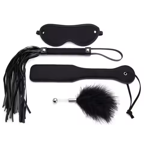 4Pcs BDSM Bondage Kit PU Leather Spanking Paddle Whip Feather Stick Eye Mask Erotic Foreplay Accesso