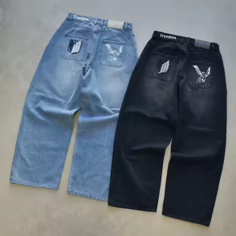 Y2K Japanese AOT Freedom Wings Embroidery Jeans Men Women Wide Leg High Waist Denim Pants Wings of L