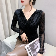 YIMEI เสื้อยืดผู้หญิงไซส์ใหญ่เสื้อยืดตาข่ายช่องผ่านยาวจับจีบสไตล์เกาหลีเข้ารูปพอดีฤดูใบไม้ร่วงฤดูหนาว